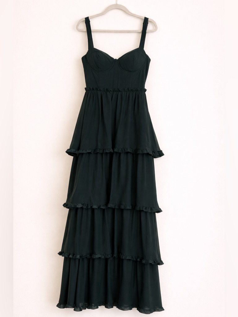 Lulus Dark Green Tiered Maxi Dress Lace-Up Back Sleeveless Size S